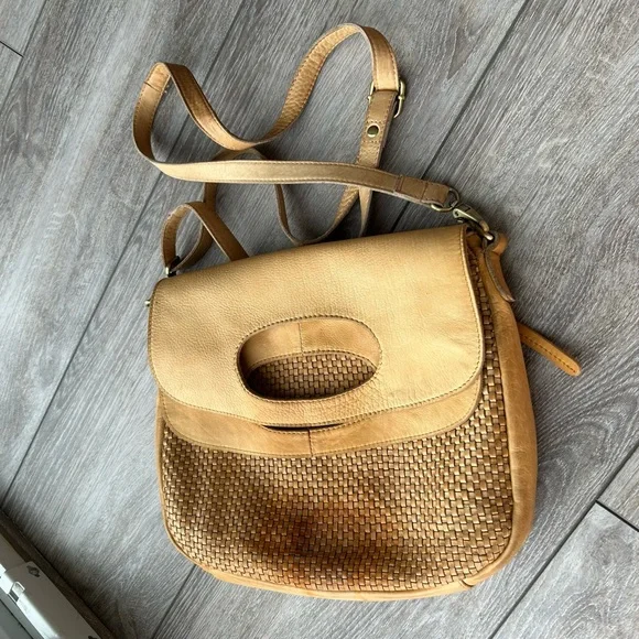 Milo Genuine Tan Leather Braided Leather Foldover Crossbody Bag - Picture 2 of 16